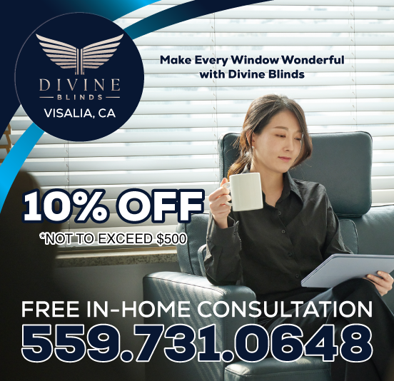 Divine blind image coupon with a female sitting in front of a large window with white blinds. !0% discount, not exceeding $500. Free in-home consultation, call 5597310648.